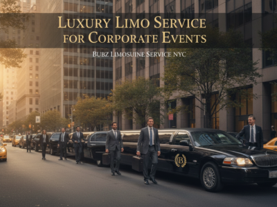 Corporate executives beside luxury limousine in city street
