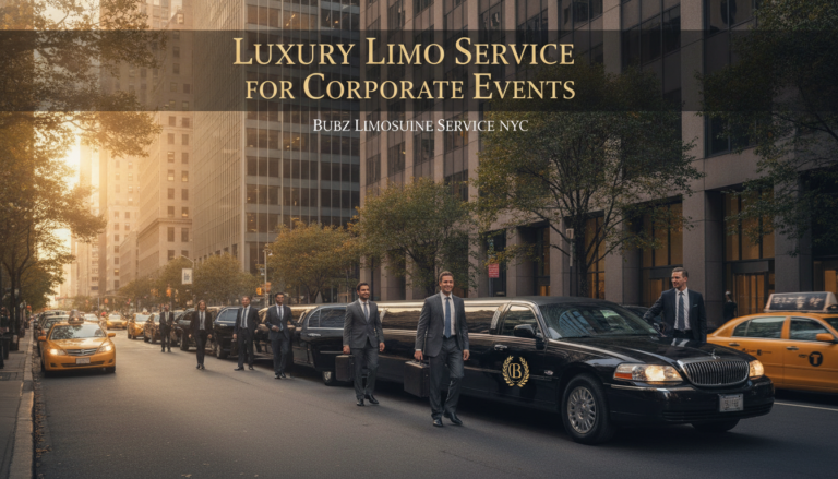 Corporate executives beside luxury limousine in city street