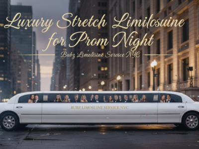 White stretch limousine with prom students at night
