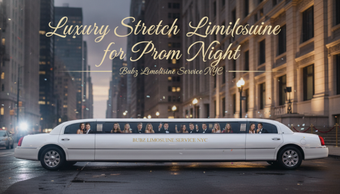 White stretch limousine with prom students at night