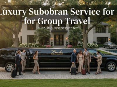 Luxury limousine with group outside upscale mansion