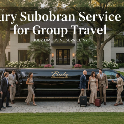 Luxury limousine with group outside upscale mansion