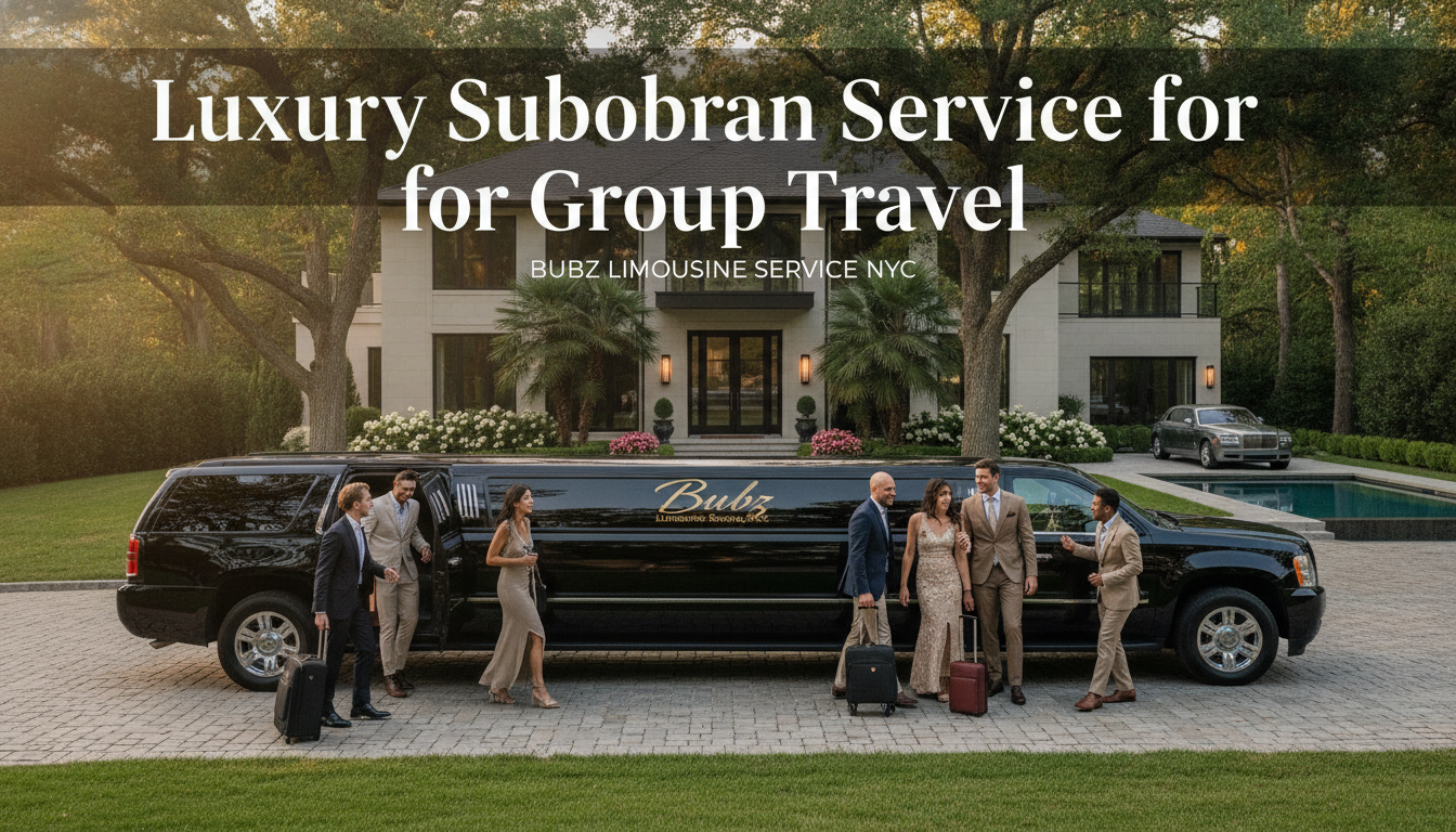 Luxury limousine with group outside upscale mansion
