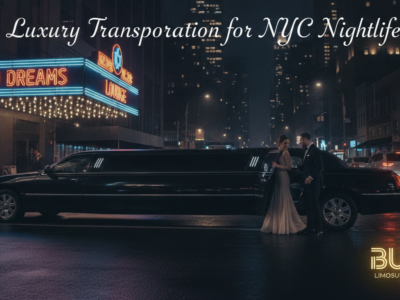 Couple beside limousine outside neon nightclub in NYC
