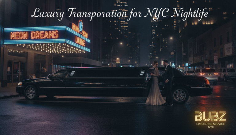 Couple beside limousine outside neon nightclub in NYC
