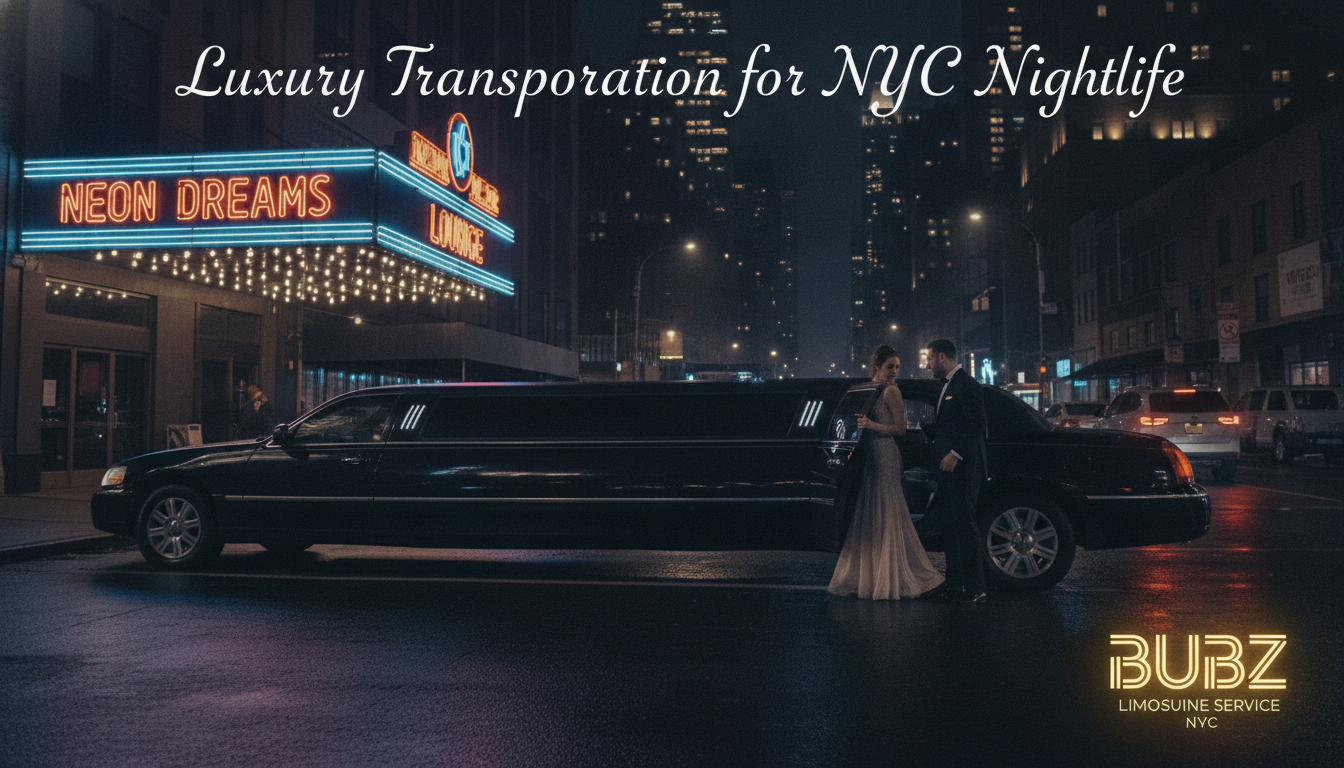 Couple beside limousine outside neon nightclub in NYC