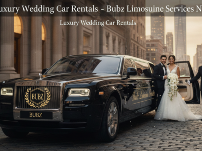 Bride and groom beside luxury Rolls-Royce limousine NYC