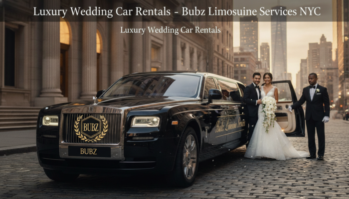 Bride and groom beside luxury Rolls-Royce limousine NYC