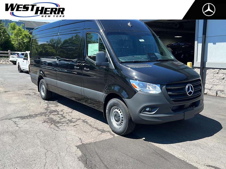 Black Mercedes-Benz Sprinter cargo van at dealership