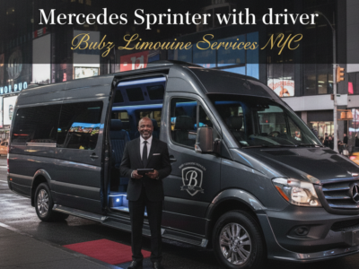 Mercedes Sprinter limousine with driver in city at night