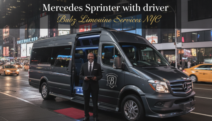 Mercedes Sprinter limousine with driver in city at night