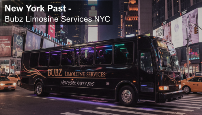 Bubz Limousine party bus in Times Square at night
