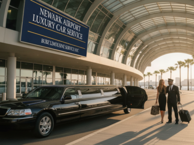 Luxury limousine pickup at Newark Airport terminal entrance