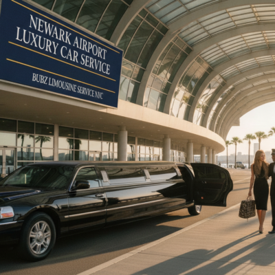 Luxury limousine pickup at Newark Airport terminal entrance