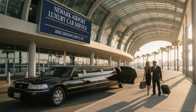 Luxury limousine pickup at Newark Airport terminal entrance