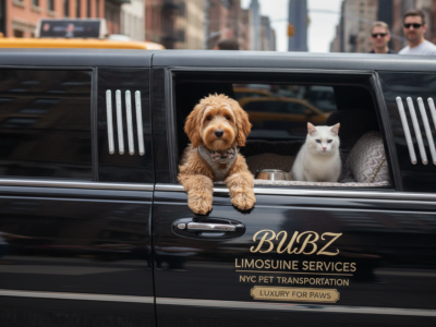 Dog and cat riding in luxury limousine window