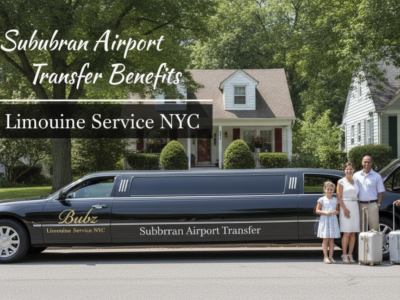 Black stretch limousine with family and chauffeur outside suburban home