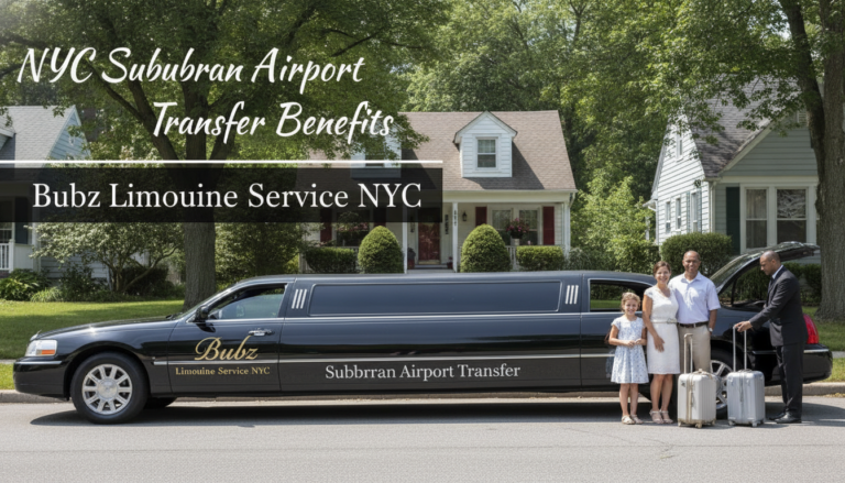 Black stretch limousine with family and chauffeur outside suburban home