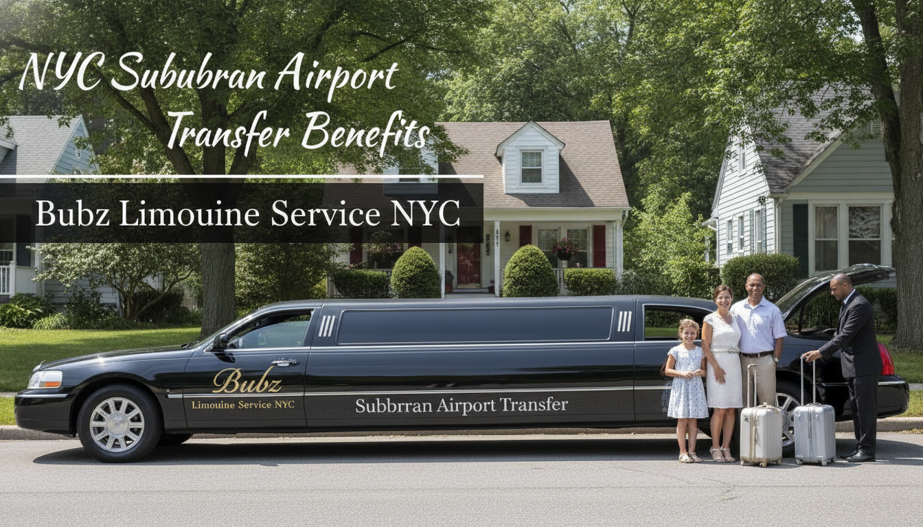 Black stretch limousine with family and chauffeur outside suburban home
