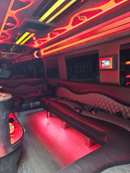 Luxury limousine interior with red neon lighting
