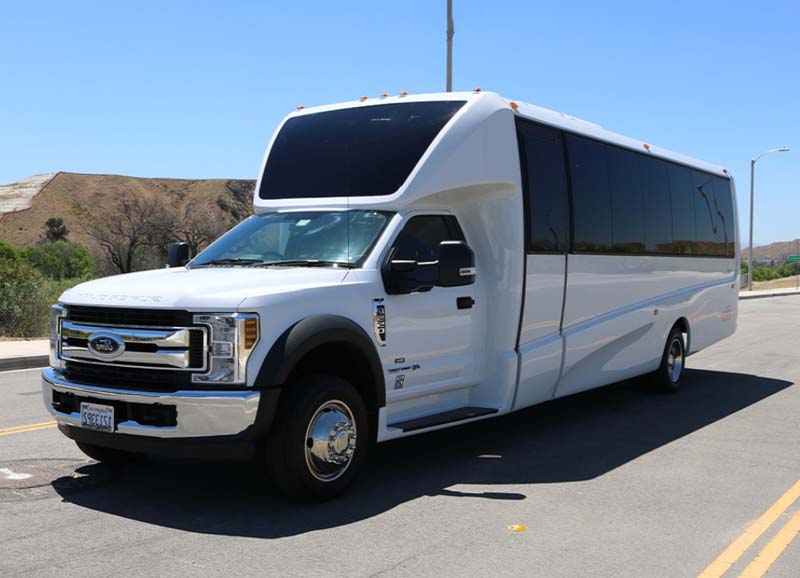 White shuttle bus parked on sunny road