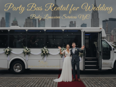 Wedding couple in front of decorated party bus