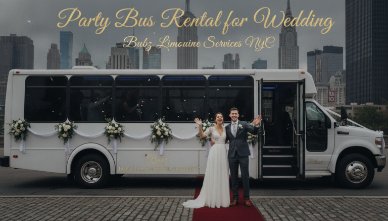 Wedding couple in front of decorated party bus