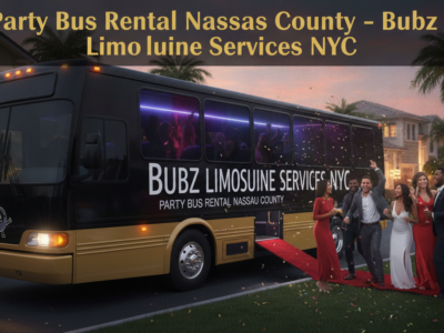 Luxury party bus rental with celebrating guests at night