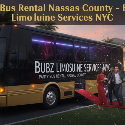Luxury party bus rental with celebrating guests at night