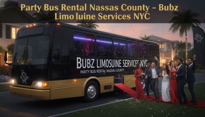 Luxury party bus rental with celebrating guests at night