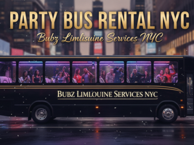 NYC party bus with passengers celebrating at night