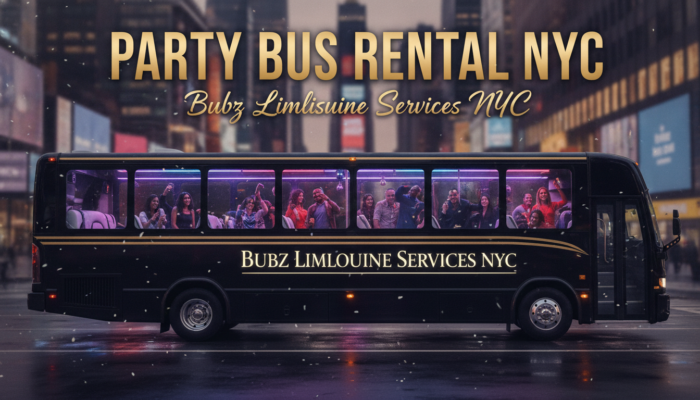 NYC party bus with passengers celebrating at night