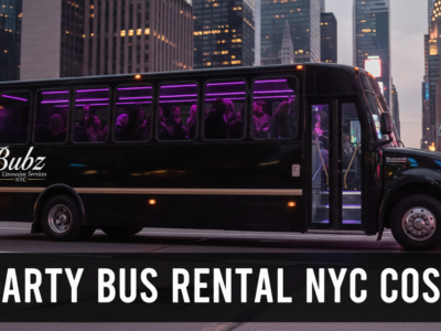 Black party bus with purple lights in NYC