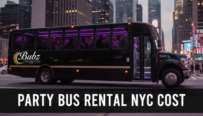 Black party bus with purple lights in NYC