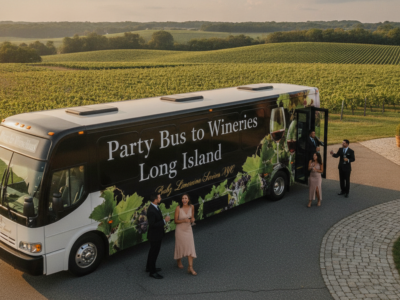 Party bus at Long Island vineyard with guests
