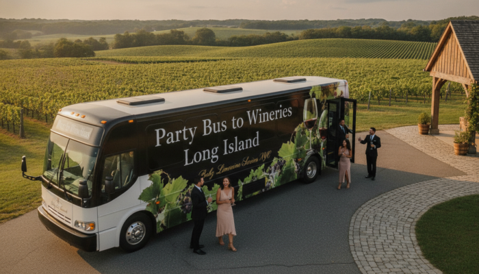Party bus at Long Island vineyard with guests