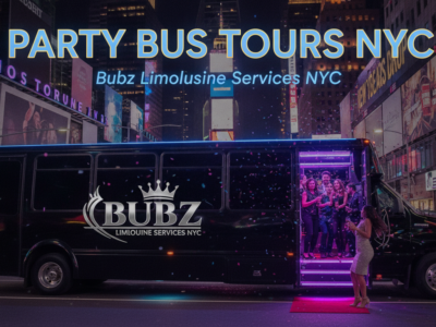 NYC party bus with neon lights in Times Square