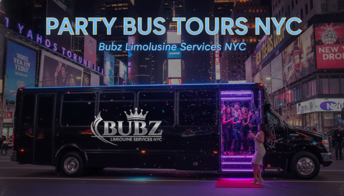 NYC party bus with neon lights in Times Square
