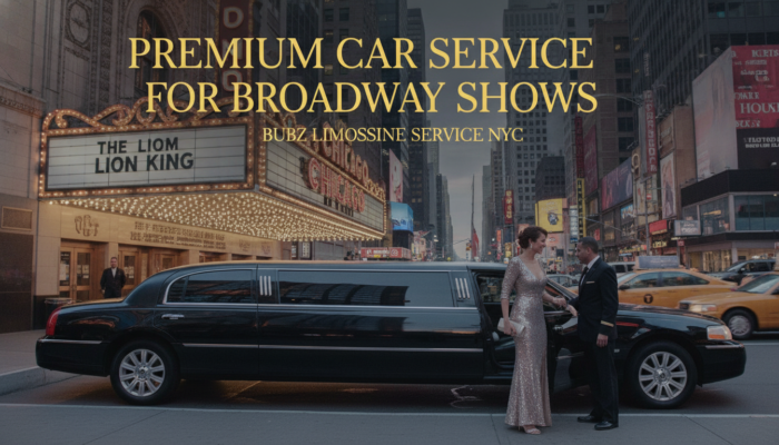 Black limousine outside Broadway theater at night