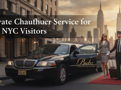 Private chauffeur assisting couple beside NYC limousine