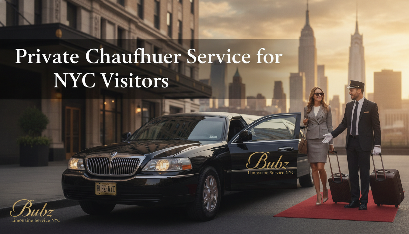 Private chauffeur assisting couple beside NYC limousine