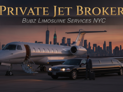 Private jet and limousine at NYC skyline sunset
