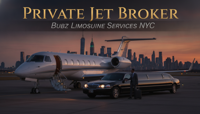 Private jet and limousine at NYC skyline sunset