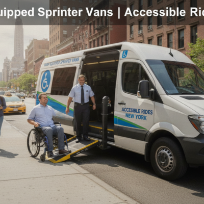 Wheelchair user exiting ramp-equipped accessible van in NYC