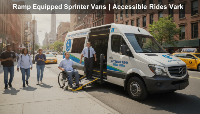 Wheelchair user exiting ramp-equipped accessible van in NYC
