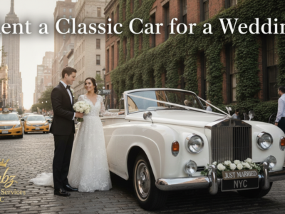 Bride and groom beside vintage wedding car NYC