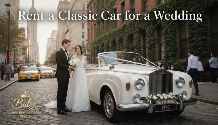 Bride and groom beside vintage wedding car NYC