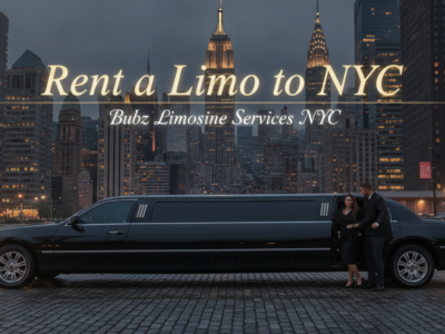 Black stretch limousine with NYC skyline at night
