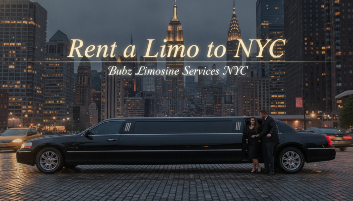 Black stretch limousine with NYC skyline at night