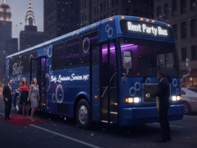 Blue party bus with red carpet in NYC